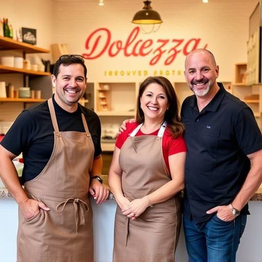 Fotografia dei proprietari della Pasticceria Artigiana Dolcezza sorridenti di fronte alla pasticceria rinnovata, simbolo del successo ottenuto