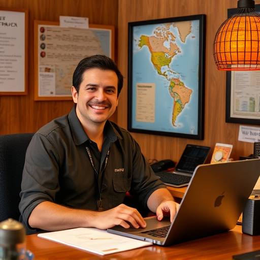 Roberto, ora titolare di un'agenzia di viaggi, sorridente e soddisfatto mentre lavora alla sua scrivania