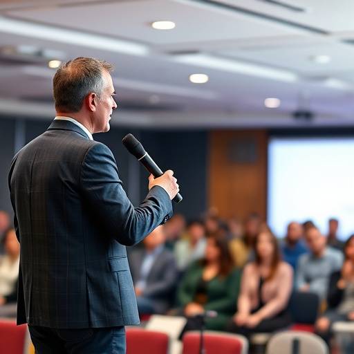 Un oratore che presenta davanti a un pubblico, simboleggiando le capacit&agrave; di public speaking